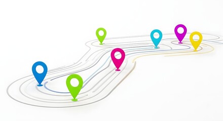 Colorful Map Markers on White Background Illustrating Navigation Path