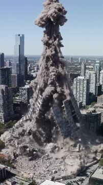 An extreme wide aerial video captures a modern concrete and glass skyscraper imploding in a densely populated metropolis, creating a vast grayish-brown dust cloud. Industrial spectacle of urban
