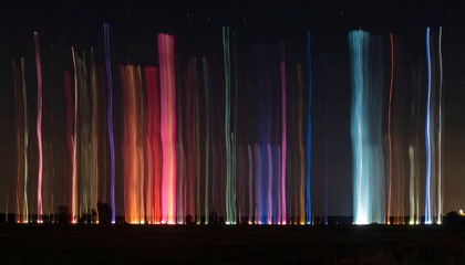 A night display of colorful light trails, resembling vertical waterfalls, stands out against a dark starry sky.