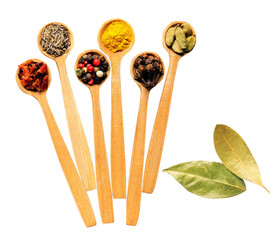 home made indian spices in wooden spoon with leaves