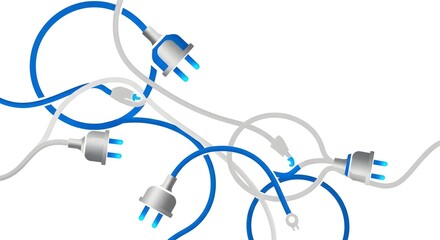 Tangled Electrical Cords with Blue and White Plugs on White Background