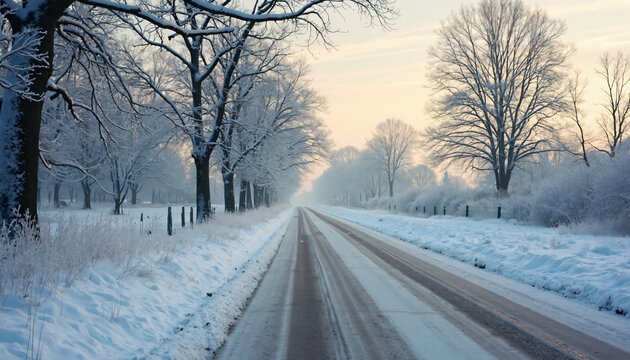 Snow-covered road between bare trees