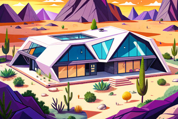Naklejka premium Pentagon shaped futuristic villa in volcanic desert, bold geometry merging resilience and innovation