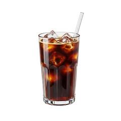 Refreshing iced coffee with ice and straw on white background