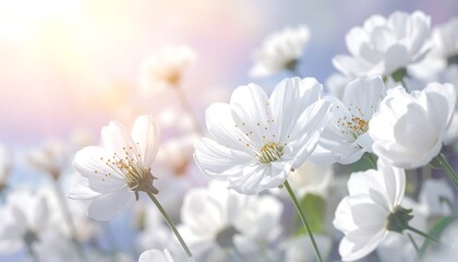 Fototapeta premium A field of delicate, white flowers bathed in soft sunlight, showcasing a serene and peaceful spring scene.