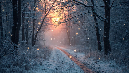 Snowy Forest Path at Sunset with Falling Snow
