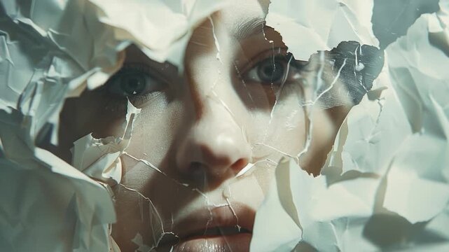 A close-up shot of a woman's face partially hidden by a piece of paper, leaving her features and emotions ambiguous