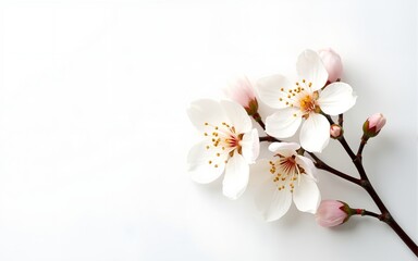 Delicate White Cherry Blossoms on Textured White Background. High quality