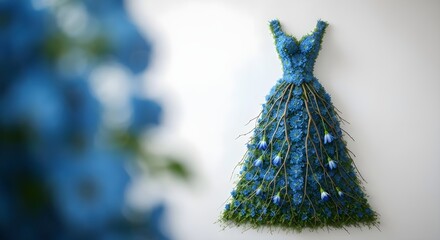 Wedding dress made of blue flowers on a mannequin