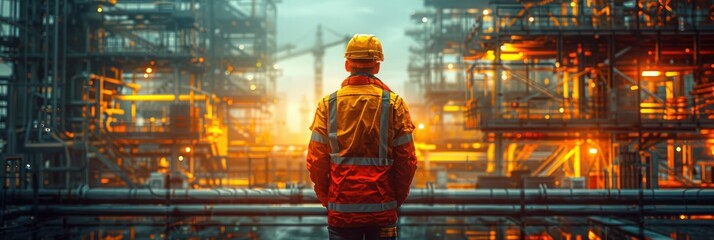 A fashionable woman in a hat walks past an old statue and a glowing water fountain at night in the city park