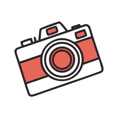 Simple modern illustration of a vintage style camera with coral and white colors against a black background