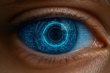 Futuristic human eye with digital interface, symbolizing cyber vision, biometric technology, and artificial intelligence innovation.