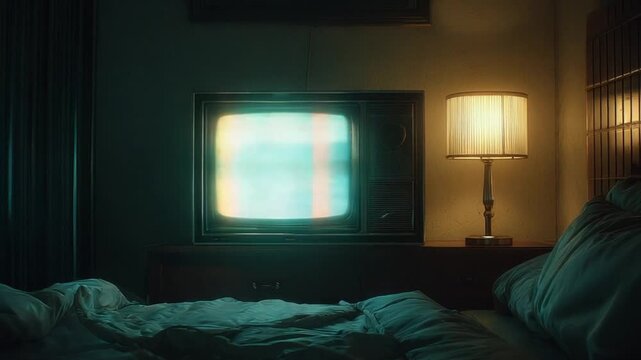 Dimly lit bedroom with an old television displaying static, a lamp casting soft light, and rumpled bed