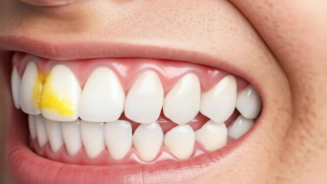 Close-up of teeth showing plaque build-up and gum inflammation, Dental hygiene concept with unhealthy teeth and gums