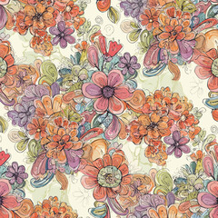 Whimsical floral pattern featuring colorful blooms and artistic line work details, patern seamless, Stock royalty.