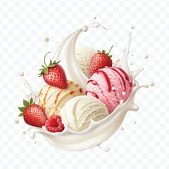 realistic creamy vanilla and strawberry ice cream scoops with milk splash isolated on transparent background