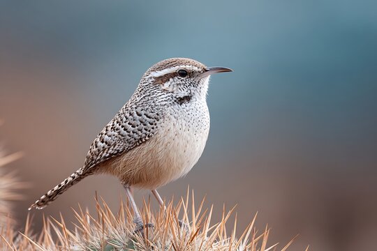 A cactus wren perched on a spiny cactus, its feathers ruffled by the warm desert breeze