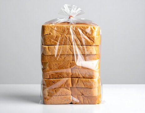 A close-up of several loaves of bread neatly stacked and wrapped in plastic bag.