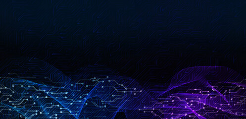 Futuristic technology background with abstract digital circuit wave, glowing blue and purple neon lines, perfect for AI, cybersecurity, big data, and innovative tech design projects.