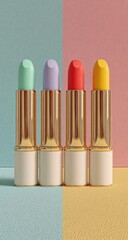 Obraz premium Four colorful lipsticks in pastel shades, gold packaging, on a two-tone background