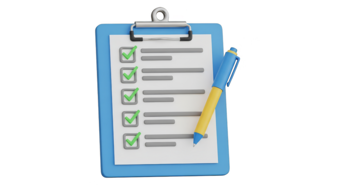 Checked clipboard and pen resting