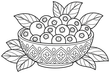 Blueberries vector illustration of a decorative patterned bowl filled with fresh berries and leaves in clean black and white outline style perfect for food design, packaging