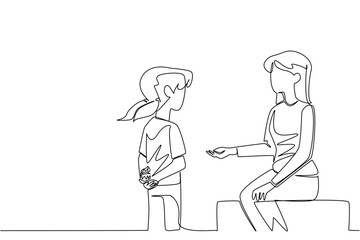 Single continuous line drawing girl holding cupcake behind back and wants to give to mother. Thank you cake for beloved mother. National Give Someone a Cupcake Day. One line design vector illustration