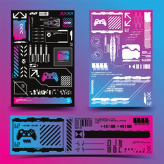 HUD sci-fi technology decals for futuristic gaming cyberpunk style, 2d illustration vector sticker set collection