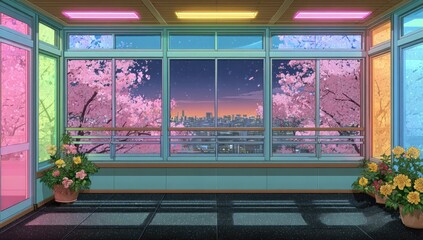 Obraz premium Pastel-colored room with cherry blossoms and city view