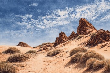 A desert landscape featuring sand dunes and reddish-brown rock formations under a partly cloudy blue sky.  Sparse desert vegetation dots the sand