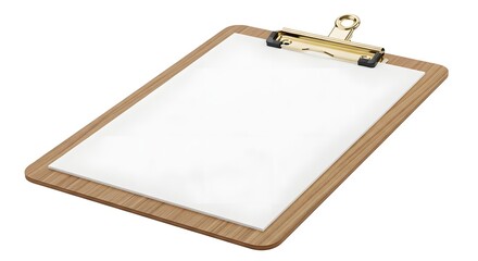 Wooden clipboard with blank white paper isolated on white background