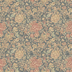 Vintage floral pattern background with birds and botanical design elements, seamless pattern, Stock royalty image.