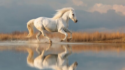 Obraz premium A majestic white equine gracefully gallops through shallow water, its reflection mirroring its form