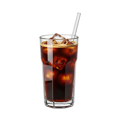 Refreshing iced coffee drink with ice cubes and straw