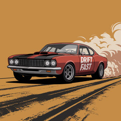 Vintage red race car drifting fast with smoke and tire marks on dusty track retro speed machine automotive art vector © Nargis