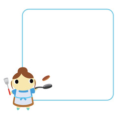 料理をするエプロン姿の女性　フレーム付