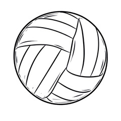 A black and white sketch of a volleyball with curved lines representing its panels.