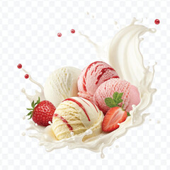 realistic creamy vanilla and strawberry ice cream scoops with milk splash isolated on transparent background