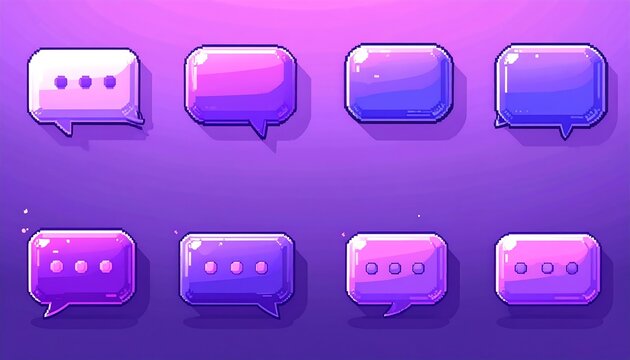A set of six pixel art speech bubbles in vibrant shades of purple and pink, featuring a gradient effect and a glossy, three-dimensional look.