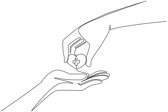 Single continuous line drawing hand is giving a heart with a plus sign in the middle to the other hand. Caring for each other. Donation. Love. World Red Cross Day. One line design vector illustration