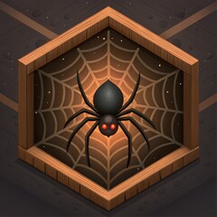 Creepy black spider on a web inside a hexagonal frame