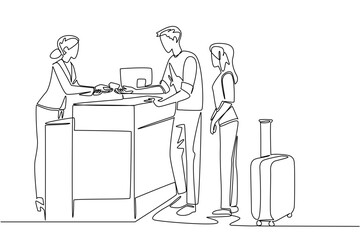 Single one line drawing a female receptionist is giving cards to a husband and wife visitor. Access card to enter the magnificent room. Receptionist Day. Continuous line design graphic illustration