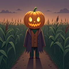 Spooky jack o lantern character standing in a cornfield at dusk
