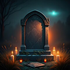 Gothic tombstone surrounded by flickering candles in a misty cemetery