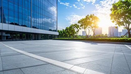Fototapeta premium A modern business district scene showcasing a sleek glass building, open concrete plaza, and lush trees with the sun setting as a mockup