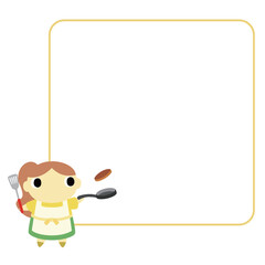 料理をするエプロン姿の女性　フレーム付