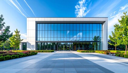 Fototapeta premium Contemporary Architecture A Serene Facade of Modern Glass and Steel Design Harmonizing with Lush Greenery Under a Sunny Azure Sky, Capturing the Essence of Urban Elegance