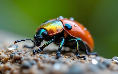 Naklejka premium Extreme Macro of a Colorful Small Beetle on a Rock with Dew Drops in Natural Environment. High quality
