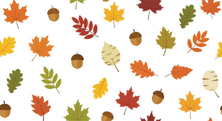 Fototapeta premium Seamless autumn pattern with colorful falling leaves and acorns. Vector background illustration of fall foliage on a white backdrop