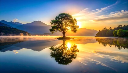 Tranquil sunrise over a serene lake, showcasing a solitary tree perfectly mirrored in the still water, bathed in golden light.